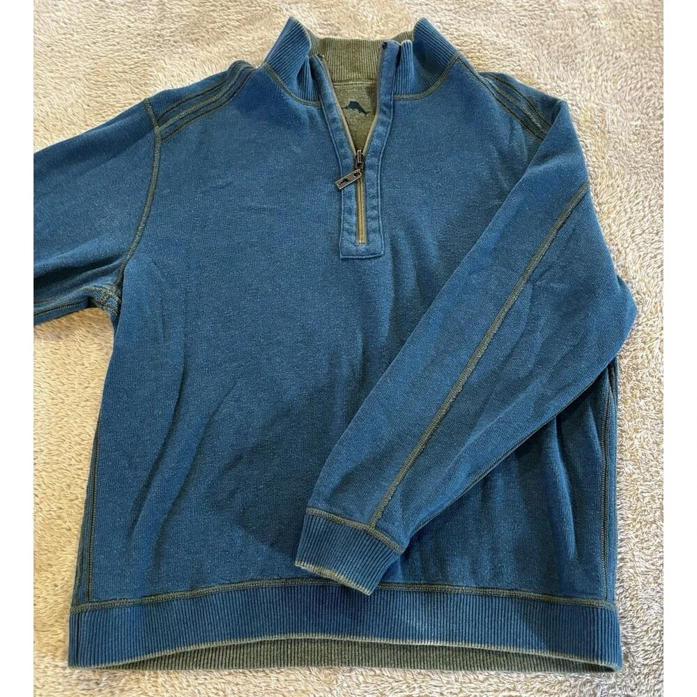 Tommy Bahama Pullover Sweater Mens L Blue Sage Reversible Quarter Zip Mock Neck